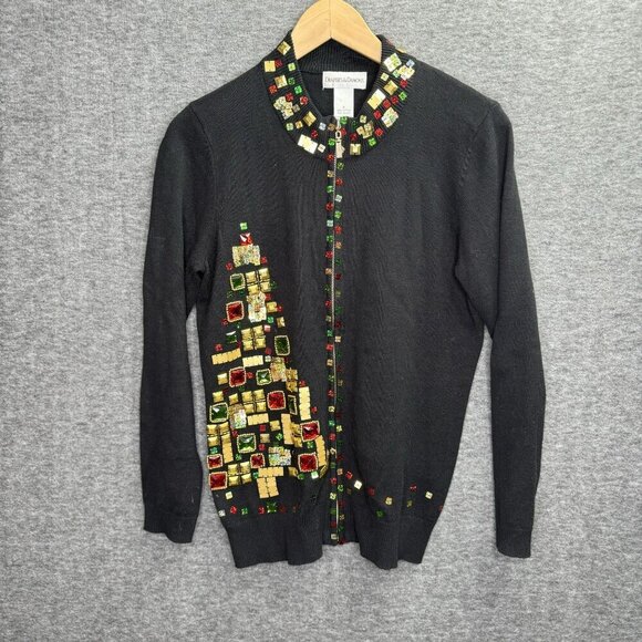 Drapers & Damons Christmas Tree Sweater Small Sequin Jewel Cardigan‎ Black S - Picture 5 of 5